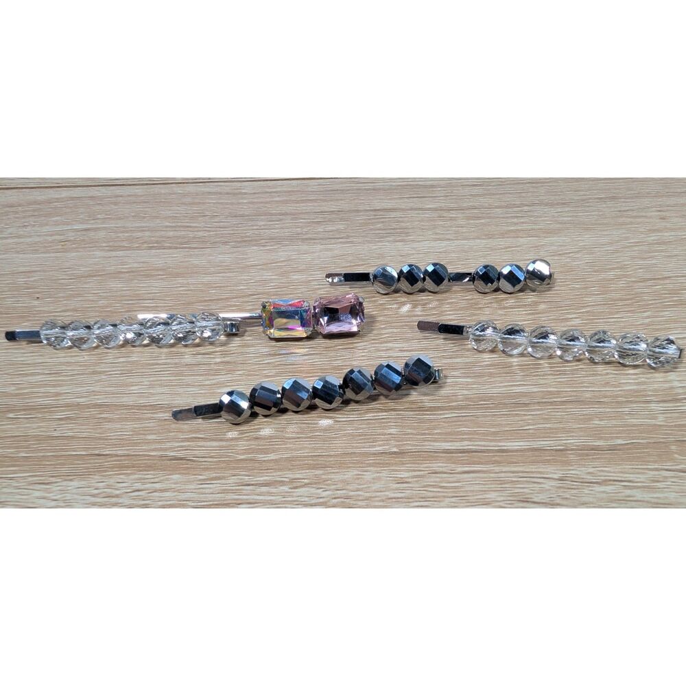 Rhinestone Hair Clip Lot Beaded Barrettes Silver Clear Pink Glam Sparkle